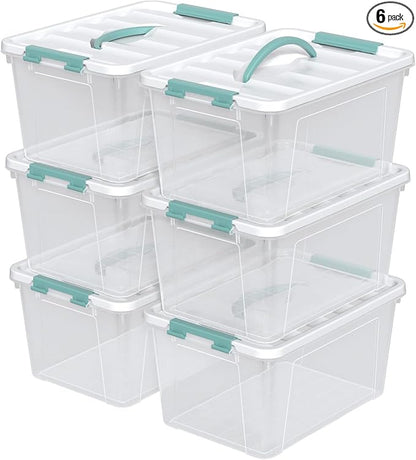 Zopnny 14 Quart Plastic Lidded Storage Bin with Handle, Clear Latching Box with White Lid, 6 Packs