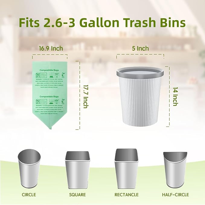 Compostable Trash Bags, Small Compost Bags 3 Gallon, Extra Thick 0.8 Mils, 16.9" x 17.7", 50 Count, Compostable Food Scrap Bags for Kitchen Waste, Green Bin Liners for Garbage Disposal