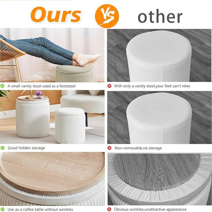 Round Ottoman with Storage Set of 2-Upholstered Velvet Vanity Stool for Makeup Multifunctional Ottomans Coffee Table Padded Seat Foot Rest for Living Room&Bedroom (White-Upgrade Tray Lid)