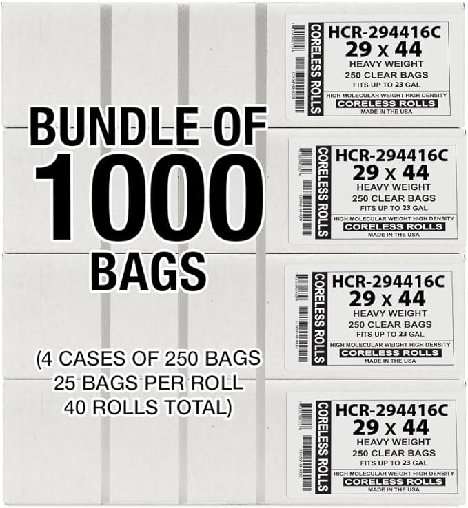 Aluf Plastics High Density Trash Bags, 26 Gallon, 1000 Count, 16 Micron (eq), 29" x 44", Clear, for Bathroom, Office, Industrial, Commercial, Janitorial, Municipal, Recycling