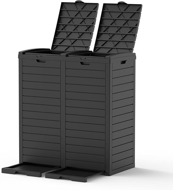 62 Gallon Outdoor Trash Can, Waterproof Resin Trash Can with Layered Lid and Drip Tray, Perfect for Patio, Backyard (Black)