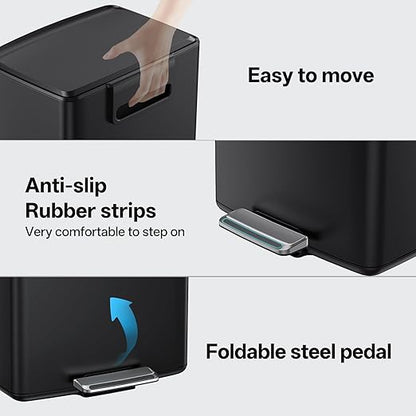 mVm 10.6 Gallon Heavy Duty Step Trash Can with Lid, Foldable Foot Pedal Bin for Kitchen Office Dormitory Home Rooms (Black)