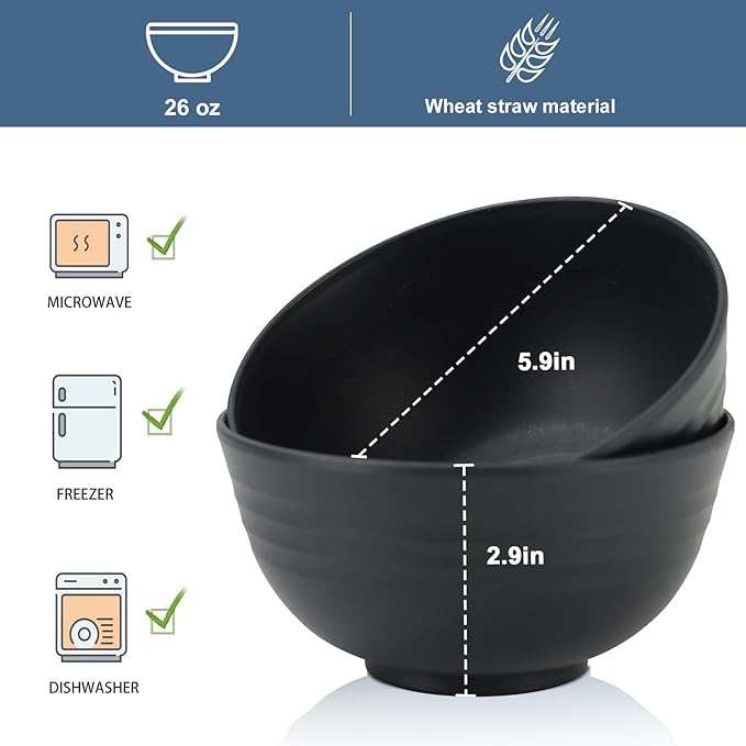 Wheat Straw Bowl Sets,8 PCS Unbreakable Cereal Bowls 26 OZ,Microwave and Dishwasher Safe Bowls,Alternative Plastic Bowl Reusable for cereal,salad,snack and soup (Pure Black)