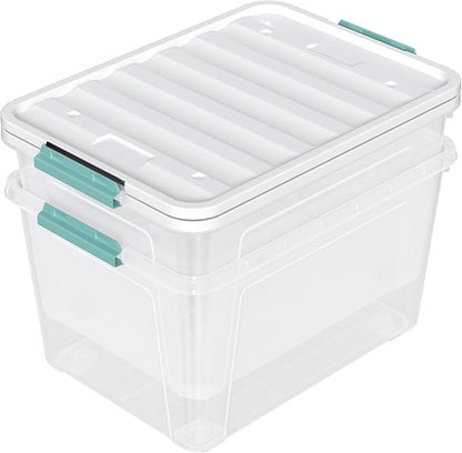 Zopnny 2-Pack Large Latching Box, 85 Quart Plastic Storage Bin with Lid, Stackable Totes w/Wheels, Clear