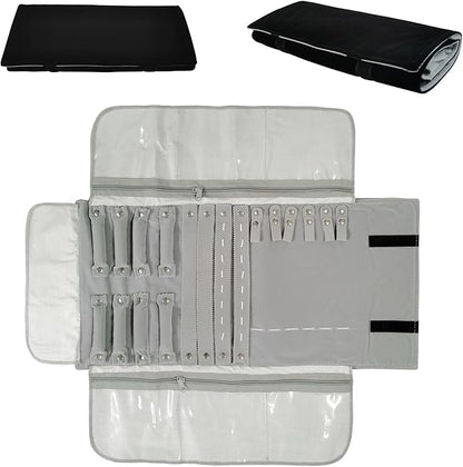 Velvet Travel Jewelry Case Roll Bag Organizer for Necklace Bracelet Earrings Ring (Black) (grey and black)