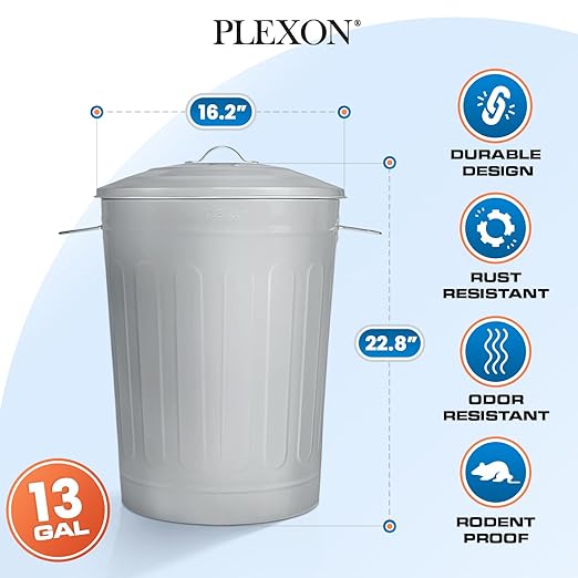 Plexon Round Trash Can 13 Gallon, Vintage Metal Outdoor Trash Can with Lid, Retro Farmhouse Garbage Container, Old School Modern Ash Bucket, Gray 3 Pack