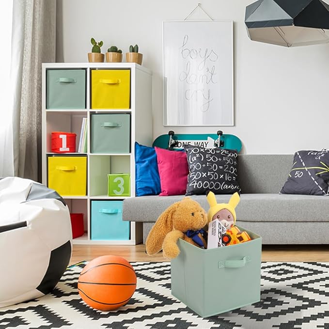 Stero 13x13x13 Inch Fabric Storage Bins 6 Pack Fun Colored Storage Cubes with Handles Foldable Cube Baskets for Home, Kids, Closet and Toys Organizer, Cyan, Green, Yellow
