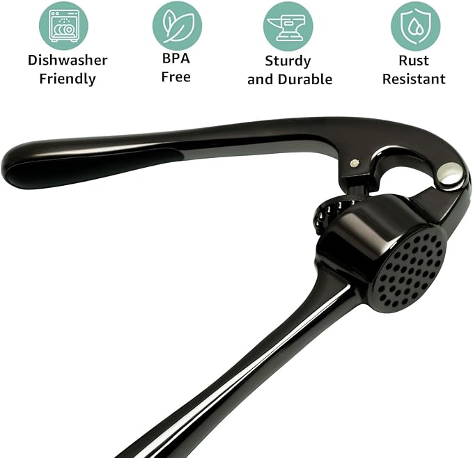 GD Black Garlic Press Crusher Mincer Tool - Stainless Steel Garlic Press, Dishwasher Safe & Rust Proof, Easy-Squeeze Garlic Crusher with Ergonomic Handle - Includes Silicone Peeler & Brush (Black)