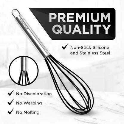 Silicone Whisk Set of 3 - Stainless Steel & Silicone Non-Stick Coating – wisking tool, Whisking, mini whisk, whisks for cooking (12-inch, 10-inch & 8.5-inch), egg whisk