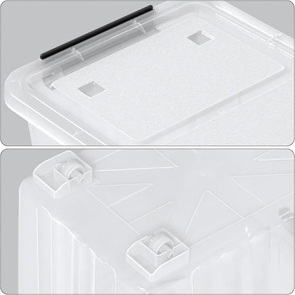 50 Quart Large Plastic Latching Box with Lid, Clear Storage Bin with Wheels, Stackable, 4 Packs