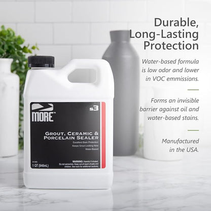 MORE Grout, Ceramic & Porcelain Tile Sealer - Water-Based Grout Sealer - Stain, Tile & Grout Protection - for Bathrooms, Showers & Floors - Prevent Grout Haze - Safe & Easy to Use - Unscented - 32oz