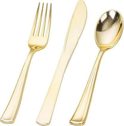 SUT 600PCS Gold Plastic Silverware, Plastic Silverware heavy duty, Disposable Cutlery, 200 Forks,200 Spoons, 200 Knives for Party
