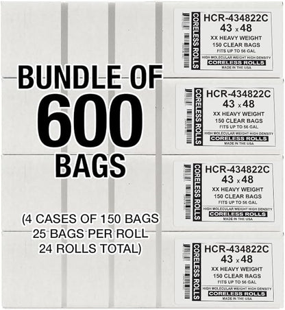 Aluf Plastics High Density Trash Bags, 56 Gallon, 600 Count, 22 Micron (eq), 43" x 48", Clear, for Bathroom, Office, Industrial, Commercial, Janitorial, Municipal, Recycling