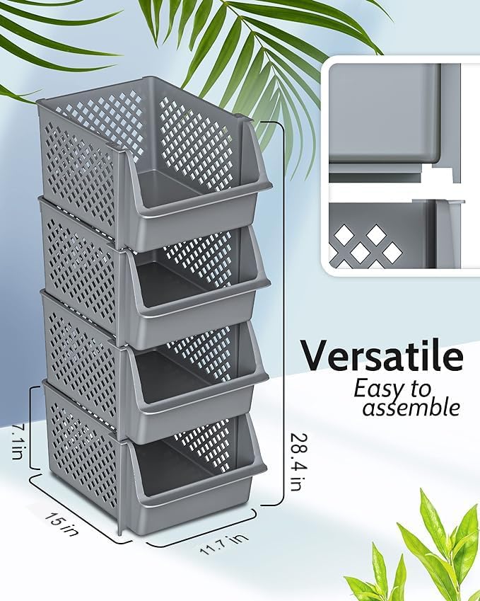 Skywin Plastic Stackable Storage Bins for Pantry, 12 Pack Stackable Bins For Organizing Food, Kitchen, and Bathroom Essentials (Grey)