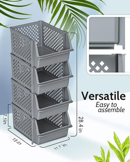 Skywin Plastic Stackable Storage Bins for Pantry, 12 Pack Stackable Bins For Organizing Food, Kitchen, and Bathroom Essentials (Grey)