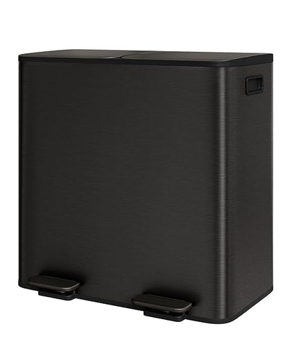 GarveeHome 2 x 10.6 gal Stainless Steel Double Trash Can with Lid for Kitchen, Large Dual Trash and Recycle Bin Combo, Step-on Kitchen Metal Garbage Cans, PP Inner Buckets, Liner Rim, Matte Black