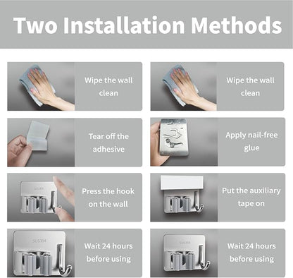 5 Pack Mop and Broom Holder Wall Mount, Silver Stainless Steel Mop and Broom Hanger with Hooks, Mop Broom Organizer for Closet Laundry Garage Garden Tool Organizer