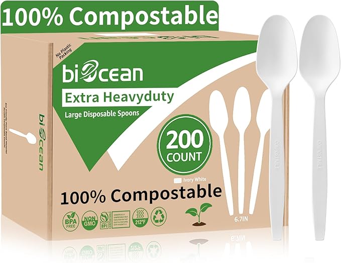 Extra Heavyduty Compostable Spoons [200 Count,6.7In] Disposable Cutlery No Plastic Spoons Large Biodegradable Utensils Eco Friendly Silverware Serving Flatware for Party,Daily Use,Picnic
