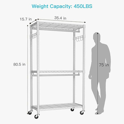 FUTASSI P1 Heavy Duty Garment Rack, 3 Tiers Adjustable Rolling Metal Closet Organizer with Lockable Wheels, FreeStanding Wardrobe with Double Hanger Rods & 1 Pair Hooks, Max Load 450 LBS, White