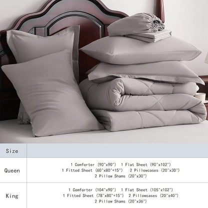 NTBAY Queen Comforter Set with Sheets, 7 Pieces Soft and Breathable Queen Bedding Set, Bed in a Bag, Down Alternative Comforter Set Solid Color All Season, Queen Bedding Set, Smoke Grey