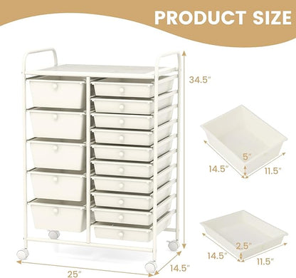 GOFLAME 15-Drawer Rolling Storage Cart, Multipurpose Movable Organizer Cart, Utility Cart for Home, Office, School, White