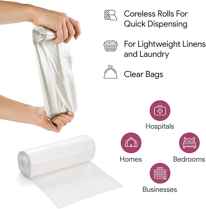20-30 Gallon Clear Garbage Can Liners, 500 Count - Medium - Large Trash Can Liners - High Density, Thin, Lightweight, 10 Microns - For Office, Home, Hospital, Wastebaskets -20 Coreless Rolls