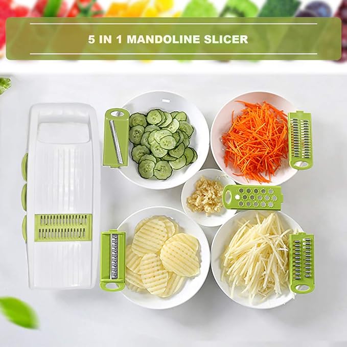 5 in 1 Mandoline Slicer Vegetable Slicer Mandolin Multi Blade Potato Veggie Slicer Vegetable Cutter Julienne Shredder Potato Slicer Green