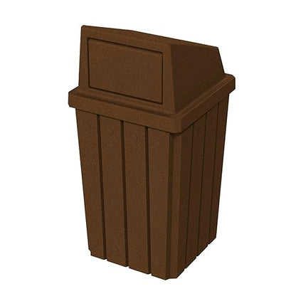 32 Gallon Square Slatted 100% Recycled Plastic Heavy-Duty Commercial Outdoor or Indoor Trash Can with Push Top Lid - Great for Schools and Businesses - Brown Granite