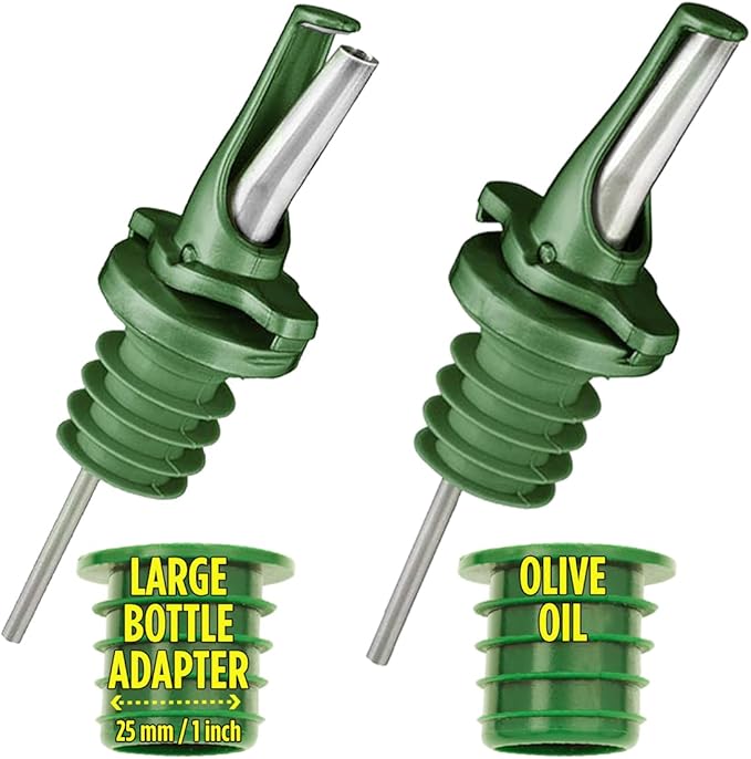 AIRTIGHT Olive Oil Pour Spout for Olive Oil Dispenser - UK Patented Oil Pourer - Hygienic One Handed Open Close Mechanism Keeps Oil Fresh. Dust Caps Cover | Screens Alternative - Green 2 PCs