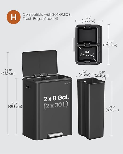 SONGMICS Trash Can, 2 x 8 Gallon (2 x 30 L) Double Garabge Can for Recycling and Waste, Stainless Steel, Soft-Close Lid, Inner Buckets, Wide Sturdy Pedal, Ink Black ULTB556B01