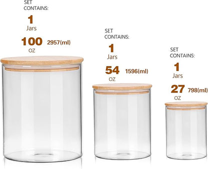 Glass Flour Storage Containers with Lids, Glass Jars with Bamboo Lids, Large Food Storage Jar, Sugar, Pantry Storage Container for Pasta Rice Flour Oats Nuts Tea Spice (Round 27oz+54oz+100oz)