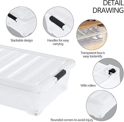 50 Quart Plastic Under Bed Storage Boxes, Clear Under Bed Storage Containers with Wheels, 3-Pack