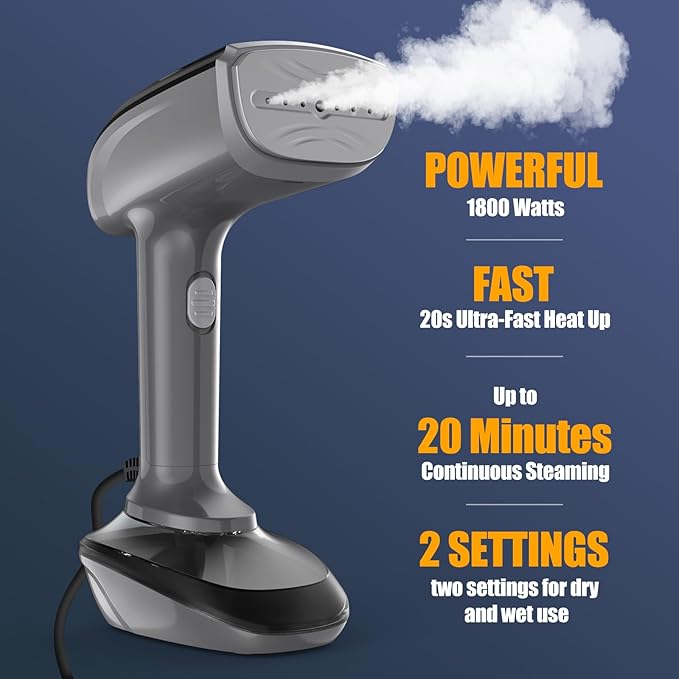 Powerful Handheld Fabric Steamer - 1800W with Fast Ceramic Heat-Up Plate, 2-in-1 Ironing & Wrinkle Remover, Steam Nozzle, Lint Brush - Gray, for US 120V Only