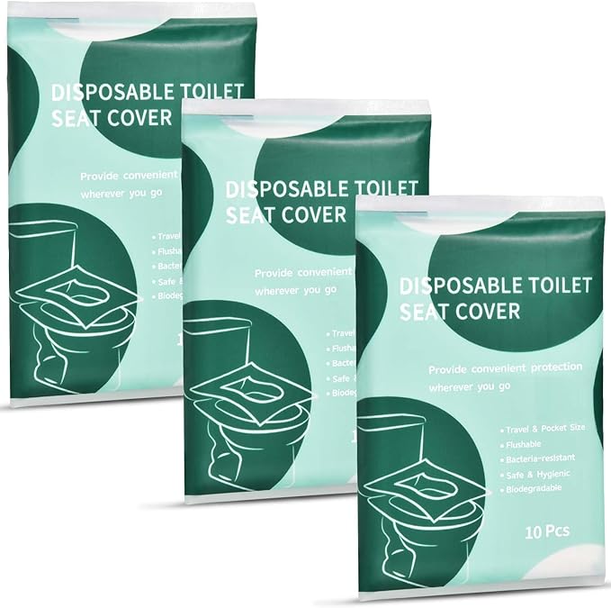 30 Pcs Disposable Flushable Paper Toilet Seat Covers Travel Supplies Essentials for Airplane, Public Restrooms, Bathroom, Hotels, Camping, Kids or Adults