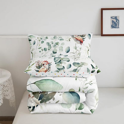 Erosebridal Cartoon Animal Queen Comforter Set for Kids Toddler Kawaii Parrot Bedding Set Queen, Wild Bird Bedding Comforter Sets Cute Wildlife Duvet Set, Botanical Green Eucalyptus Quilted Comforter