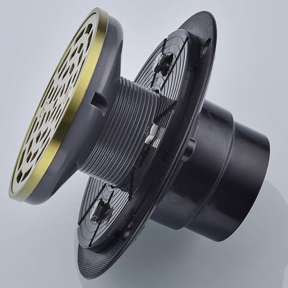 RANDOM Round Shower Drain SUS304 Stainless Steel Brushed Gold Shower Drain 4 inch with Adjustable PVC Base Flange,Shower Floor Drain with Removable Cover Grid Grate