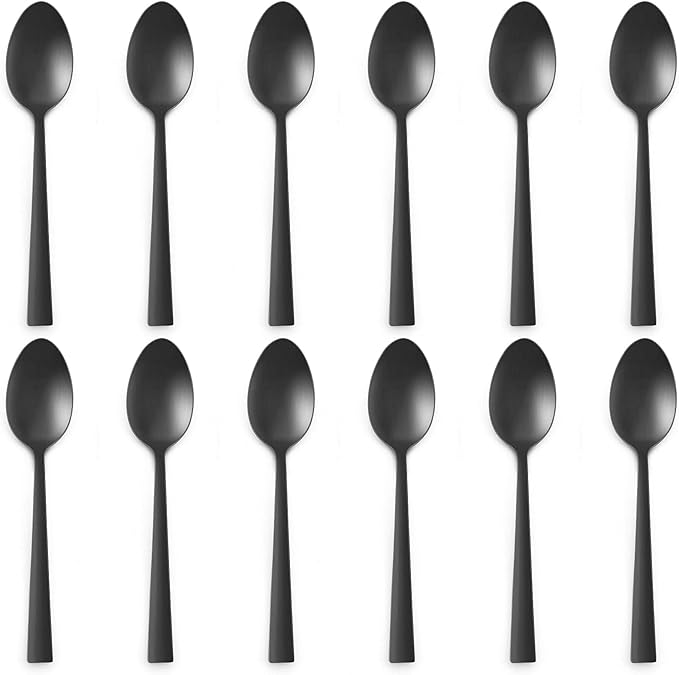 Matte Black Dinner Spoons Set of 12, E-far 7.9 Inch Stainless Steel Soup Spoons Tablespoons for Home, Kitchen or Restaurant, Non-toxic & Mirror Polished, Squared Edge & Dishwasher Safe