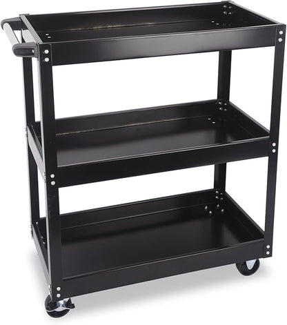 3-Tier Commercial Utility Cart, 3 Shelves Steel Service Tool Cart with Brake Wheels for Mechanics, 330lbs Heavy Duty Rolling Utility Carts Tub Storage Cart for Warehouse Office Garage, Black
