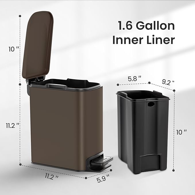 Cesun Small Bathroom Trash Can with Lid Soft Close, Step Pedal, 6 Liter / 1.6 Gallon Stainless Steel Garbage Can with Removable Inner Bucket, Anti-Fingerprint Finish (Brown)