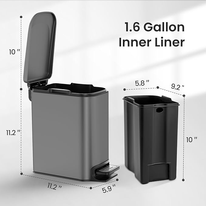 Cesun Small Bathroom Trash Can with Lid Soft Close, Step Pedal, 6 Liter / 1.6 Gallon Stainless Steel Garbage Can with Removable Inner Bucket, Anti-Fingerprint Finish (Gray)