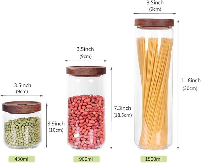 Glass Canisters Set of 5 for the kitchen, Glass Storage Container jars with Airtight Acacia Lid for Coffee Beans, Flour, Sugar, Rice and Spaghetti and etc