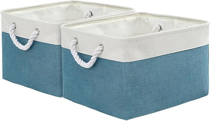 Storage Basket for Organizing - 17X15X12 inch 2 Pack Canvas Storage Bin for Shelves, Fabric Storage Cubes for Cloth Decorative Books Nursery (White & Green)