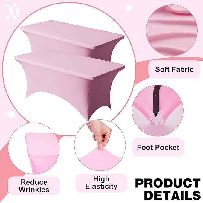 Trlyc 2 Pack 8FT Spandex Table Cloth - 96 x 30 Inch Rectangular Stretch Tablecloth, Wrinkle Resistant Scretch Table Cover for Wedding, Party, Banquet, Picnic, Outdoor Decoration (2Pcs,Pink)