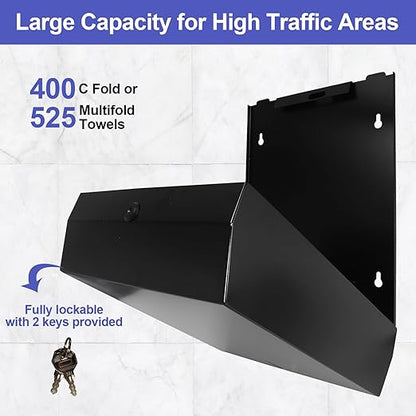 Paper Towel Dispenser Wall Mount, Matte Black Stainless Steel Commercial Paper Towel Holder with Lock, Large Capacity 400 C Fold/525 Multifold Towels