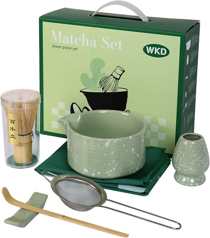 Matcha Bowl and Whisk Set, Ceramic Matcha Set Includes Matcha Bowl with Spout, Whisk & Holder, Bamboo Scoop, Stainless Sifter, Towel, Matcha Kit Making Tools,Light Green,7 PCS