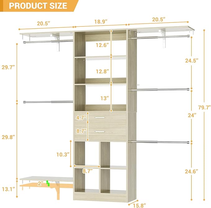 5FT Small Closet System, Baby Closet Organizer System with Wooden Drawers, 60 Inches Walk in Closet System with 5 Hanging Rods and 3 Reversible Hanging Shelving, Greige Oak