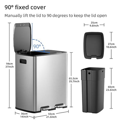 KUK 60 Liter / 16 Gallon Dual Trash Can with Lid, Stainless Steel Kitchen Step Garbage Can, 2 x 8 Gal Double Compartment Classified Rubbish Bin with 2 Plastic Inner Buckets Silver