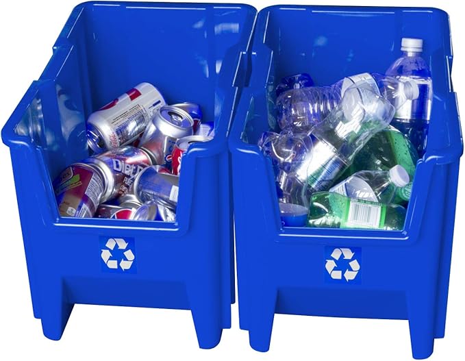 Commercial Industrial Heavy Duty Stackable Open-Front Recycling Bin Box Containers, 7 Gallon, 4 Pack, Blue