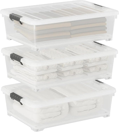 25 Quart Clear Plastic Latch Storage Box with Wheels, Under Bed Storage Box, 3 Pack