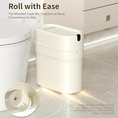 MRBIN Slim Automatic Bathroom Trash Can, 10L/2.6gal Touchless Pull Out Bagging Motion Sensor Waste Basket, Electric Smart Garbage Pail for Narrow Rv, Kitchen, Bedroom, White